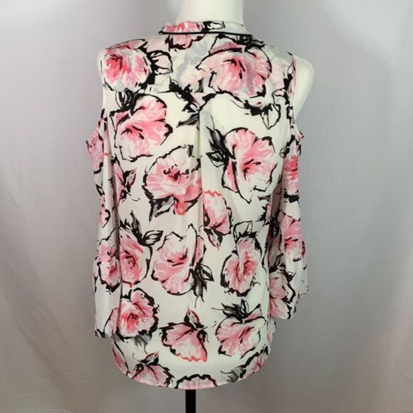 Karl Lagerfeld White, Black & Pink Floral Cold Shoulder Blouse Top - Picture 6 of 12